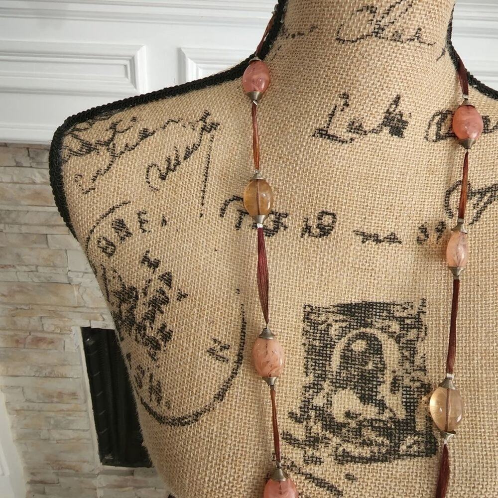 TRESKA semi precious stone boho ribbon long necklace new - Picture 2 of 5